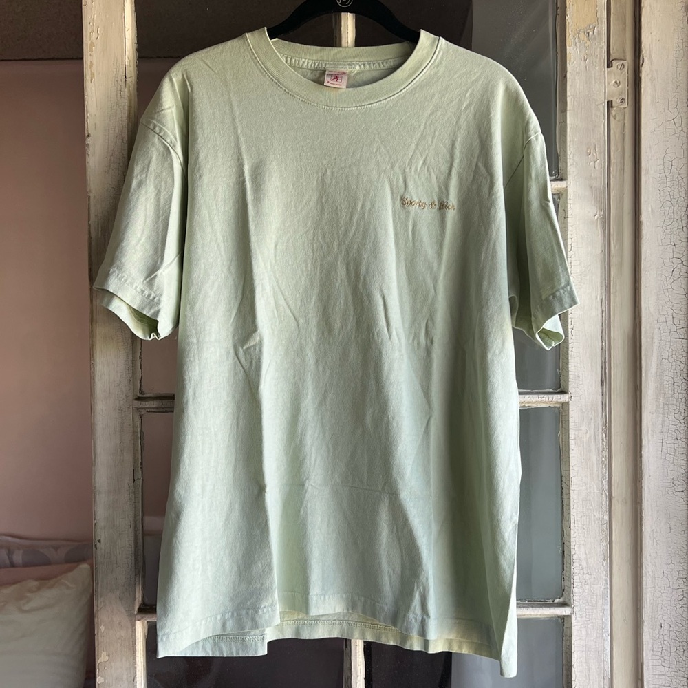 Sporty & Rich Mint Green Gold Logo Embroidered Short Sleeve Cotton T-Shirt